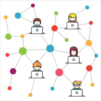 People working on laptops connected to a network vector