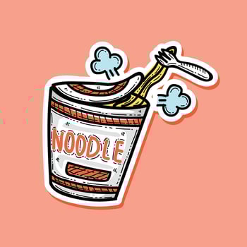 Instant ramen noodles cup illustration design sticker style, cute noodle cup, hand drawn style, isolated on peach background. vector