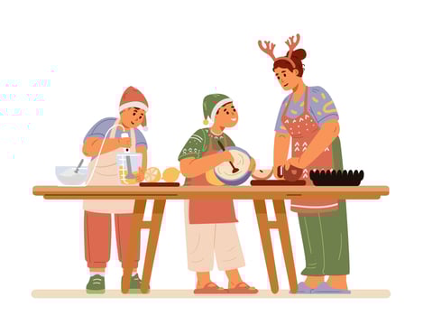 Mother with two sons in Santa hats and antlers cooking Christmas food flat illustration isolated on white. Family preparing for Christmas dinner together. vector