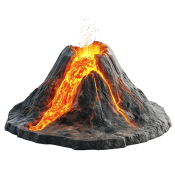 Volcanic Eruption with Fiery Red Lava Flowing Down a Gray Cone png