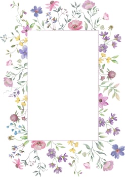Watercolor floral frame with anemones, colorful wildflowers. Hand drawn illustration, vector