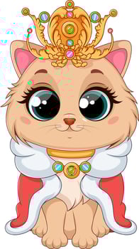 Charming Princess Kitty with Royal Crown and Cape. Bright Illustration vector