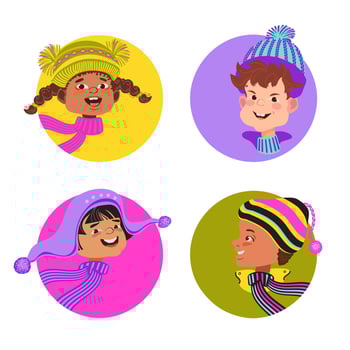 Set of happy cartoon kids. Winter portrait avatars. illustration. vector