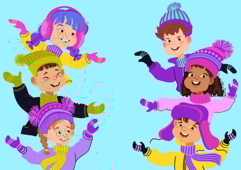 Group of cute children dressed in warm costumes. illustration. vector