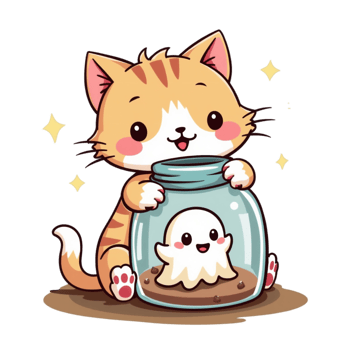 A red kitten is delightedly playing with a glass jar containing a small, happy ghost. cutouts png