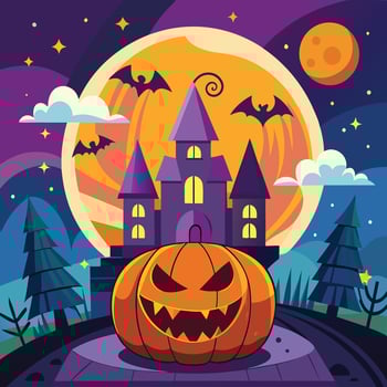 Halloween pumpkin with castle and bats on the background vector