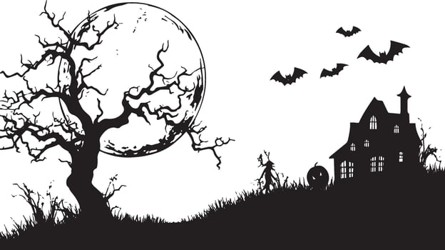 halloween decoration full moon, Dead tree, bat, jack o lantern, haunt house, scarecrow background simple silhouette black vector