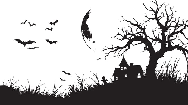 halloween decoration full moon, Dead tree, bat, jack o lantern, haunt house, scarecrow background simple ablack vector