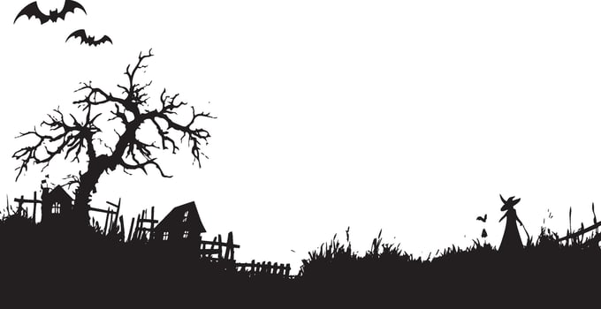 halloween decoration full moon, Dead tree, bat, jack o lantern, haunt house, scarecrow background simple silhouette black vector