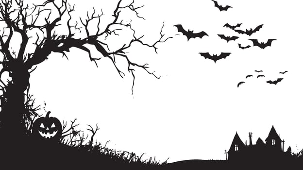 halloween decoration full moon, Dead tree, bat, jack o lantern, haunt house, scarecrow background simple silhouette black vector