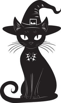 Cat wear witch hat halloween silhouette black vector