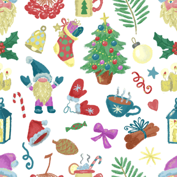 Seamless pattern with watercolor objects and elements for christmas and new year holidays. Seasonal greetings concept. Colorful cartoon doodle illustrations and cliparts png