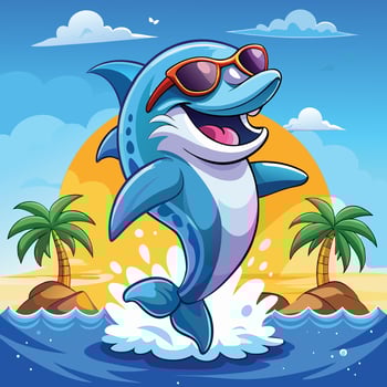 Dolphin jumping in the water with palm trees and palm trees vector