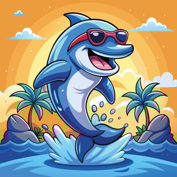 Cartoon dolphin jumping out of the water with sunglasses vector