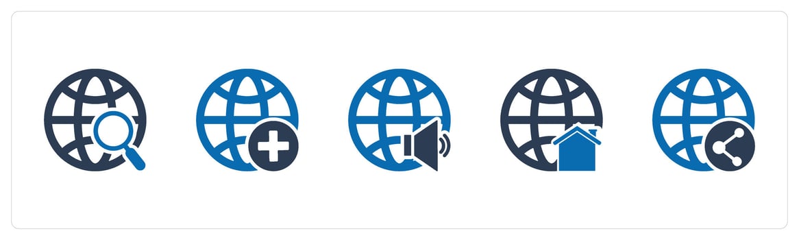 A set of 5 Internet icons as global search, add global, global volume vector