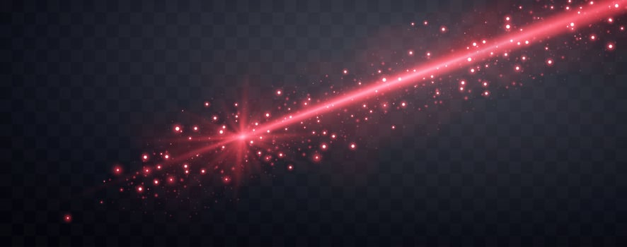 Red horizontal laser beam with smoke. Neon line, presentation pointer. Red glow flare light effect. vector