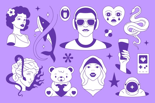 Y2k minimalist psychedelic retro groovy comic line icon set flat illustration vector