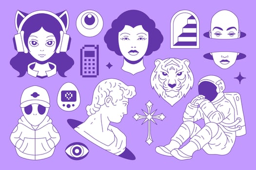 Y2k psychedelic retro tattoo funky groovy line sticker set flat illustration vector