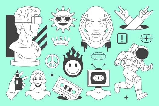 Y2k minimal comic retro groovy line icon contemporary pop art futuristic concept set flat vector
