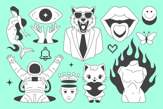 Y2k contemporary pop art psychedelic concept minimal line icon set flat illustration vector