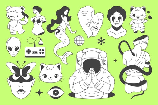 Y2k comic minimal retro groovy line icon psychedelic concept set flat illustration vector
