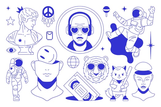 Y2k psychedelic comic blue pen sketch contemporary pop art concept line icon set flat vector