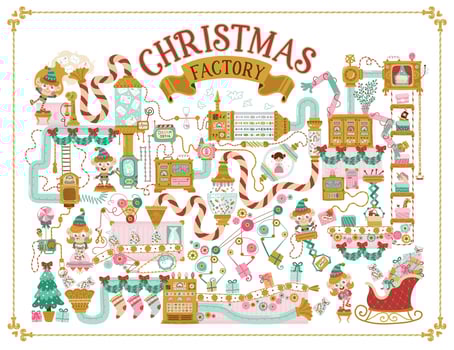 Christmas Factory Santa Claus, elves read letters, pack gifts, toys and candies for children. Hand drawn illustration in retro style, fantasy mechanisms, pipes and conveyors. white background vector