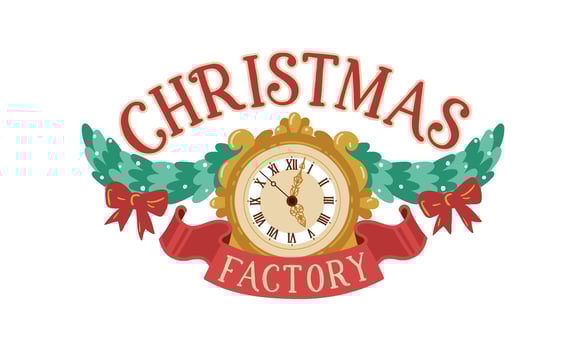 Christmas factory lettering on ribbon composition with clock, Christmas tree garlands with bows. Hand drawn cartoon illustration in retro style. Isolate on a white background vector