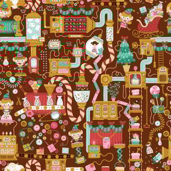 Christmas factory seamless pattern with elves packing gifts for children. Hand drawn cartoon illustration in retro style, fantasy mechanisms, tools, pipes. Chocolate background vector