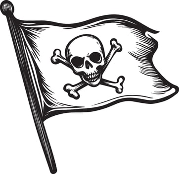 Waving Pirate flag of skull and crossbones linear black vector