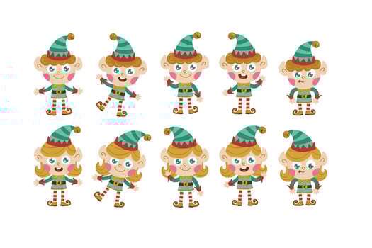 Elf Christmas character set in simple hand-drawn cartoon style. illustration of fairy tale characters with different emotions. Isolate on a white background vector