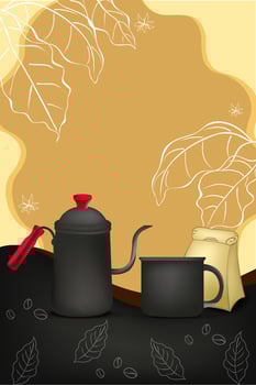 Illustration of a mug, kettle and coffee with a coffee leaf background vector