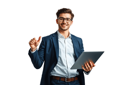 Smiling Businessman Holding Tablet and Pointing isolated on transparent background png