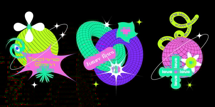 Techno streetwear print design templates in y2k brutalist style with neon color grid abstract elements, geometric shapes. collection of retro futuristic stickers or stamps with wireframe quotes vector