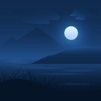 Flat lake at night illustration with moon, clouds, mount, grass. vector