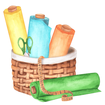 Woven basket with rolls of fabric, scissors and measuring tape. Sewing clipart. Tailoring. Hand-drawn watercolor png