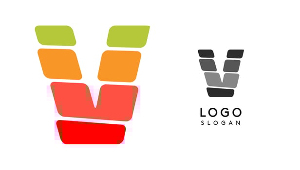 Bright colorful letter V, layers blocks like sandwich, stone balancing or rock stacking. Modern cartoon monogram for kid joyful book, blocky toys logo. illustration vector