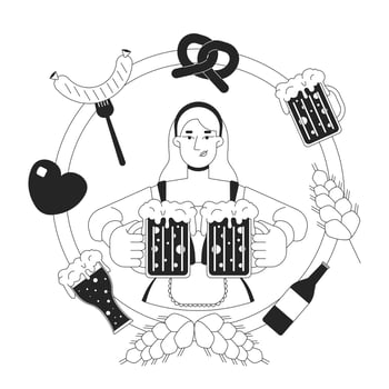 Blonde german waitress with beer mugs in frame black and white 2D illustration concept. Caucasian woman at oktoberfest outline character isolated. Cultural event metaphor monochrome art vector
