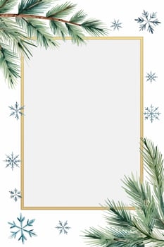 Watercolor frame with fir branches, snowflakes and place for text. Christmas card. Winter New year poster vector