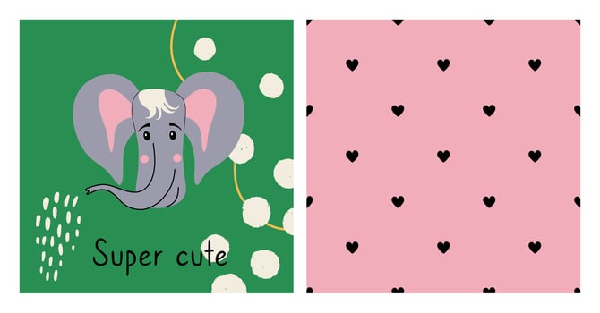 Cute set with animal poster and seamless pattern with hearts. Hand drawn card with elephant face and simple heart ornament. Decor for baby shower, kids room, textile. Colorful illustrations. vector