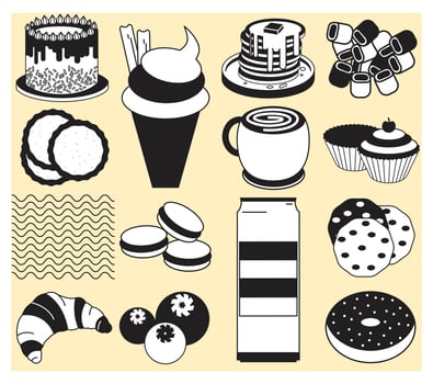 A black and white set of food items vector