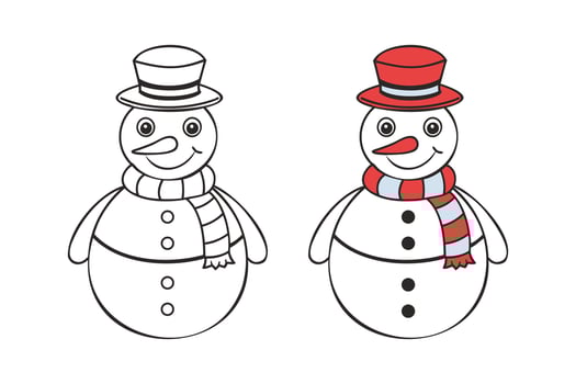 Cute funny snowman line art coloring page for kids. Illustration for children. Coloring book vector