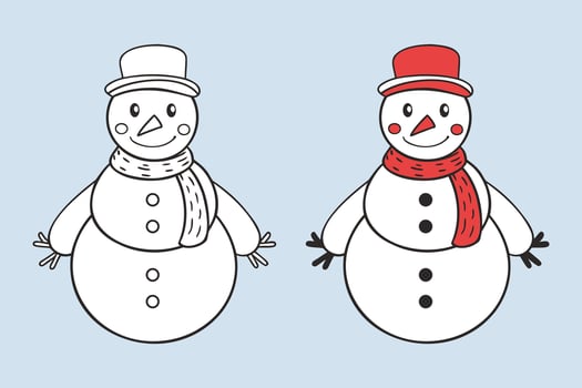 Cute funny snowman line art coloring page for kids. Illustration for children. Coloring book vector