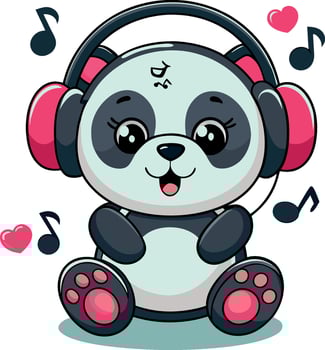 Adorable baby panda listening music in headphones vector