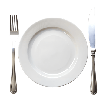 A white plate with a fork and knife png