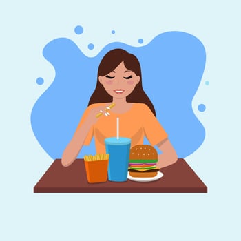 Woman eating fast food at the table vector