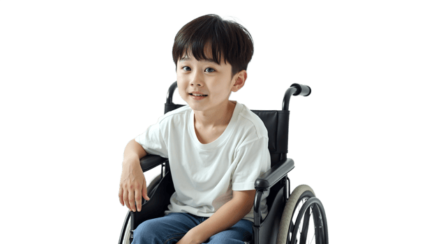 Young boy sitting in a wheelchair on a black background, thoughtful expression portrait. png