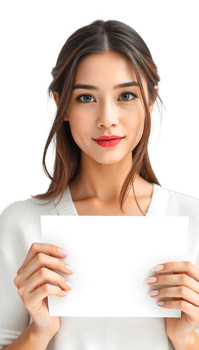 Woman smiling and holding a blank card on a black background, cheerful expression portrait. png