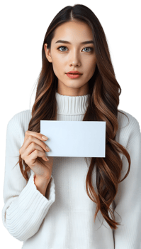 Woman in a white sweater holding a blank card on a black background, confident expression portrait. png
