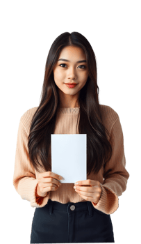 Woman holding a blank piece of paper in both hands on a grey background, neutral expression portrait. png